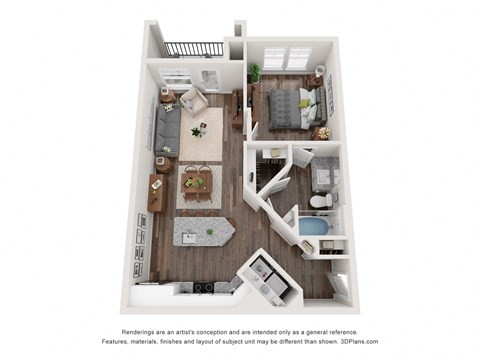 a 3d floor plan of a 1 bedroom apartment